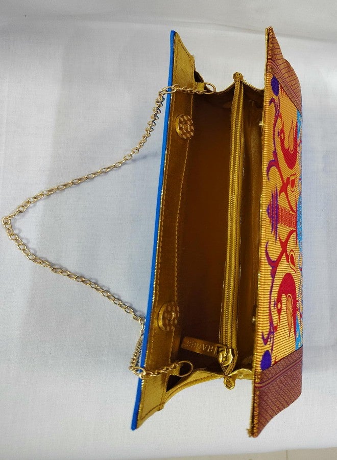 ADD GEAR حقيبة يد بايثاني من أد جير مع حزام سلسلة - منسوجة على الطراز العرقي والتقليدي من حرير بايثاني شبه كامل - حقيبة صندوقية على شكل قارب مزودة بإغلاق مغناطيسي (26 × 13 × 6 سم) (أزرق فاتح) - Image 5
